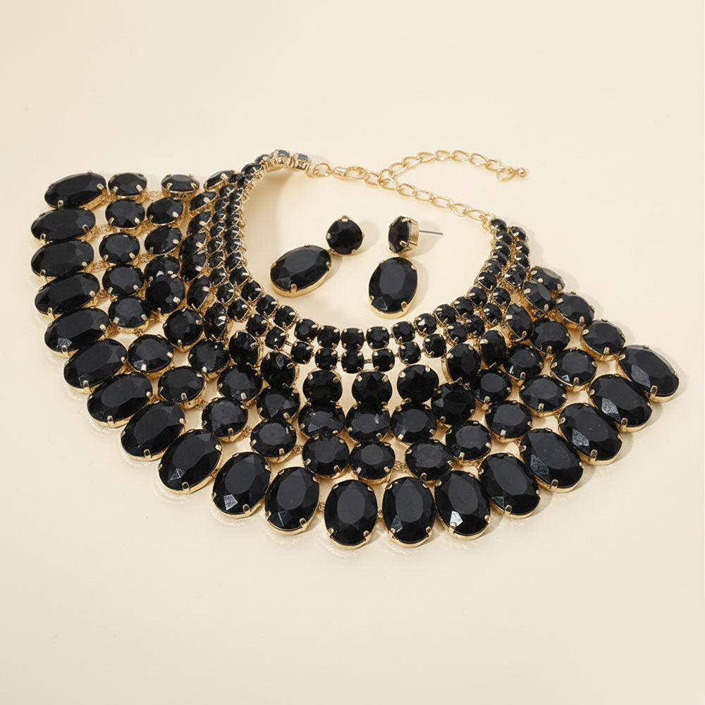 Crystal Glass Bib Statement Necklace Black