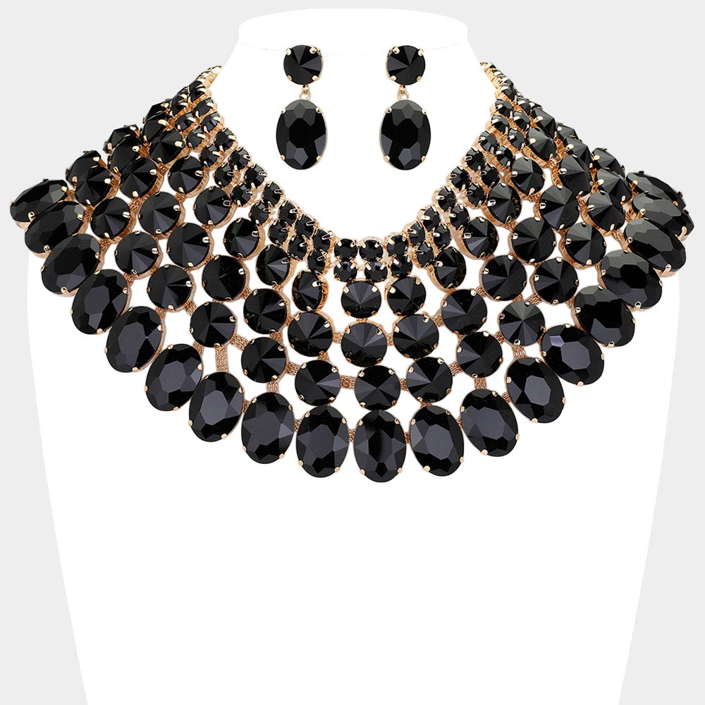 Crystal Glass Bib Statement Necklace Black