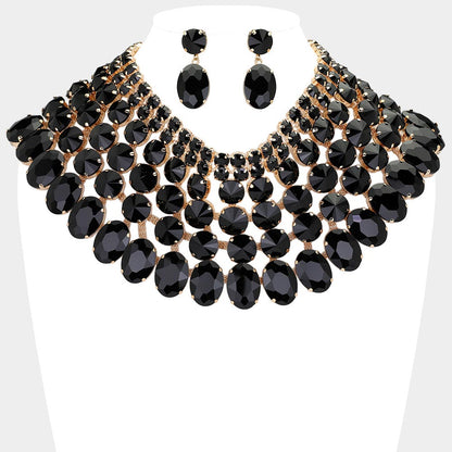 Crystal Glass Bib Statement Necklace Black
