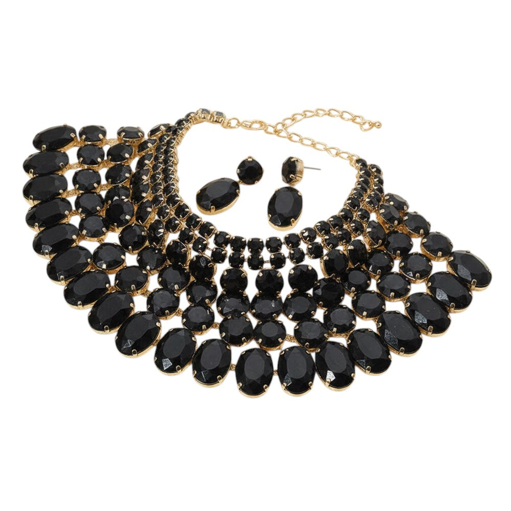 Crystal Glass Bib Statement Necklace Black