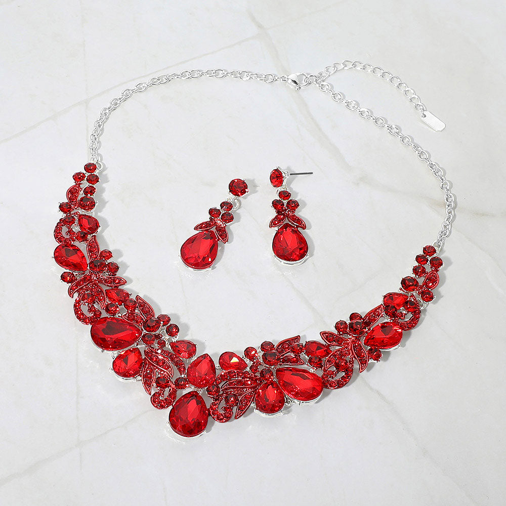 Teardrop Stone Cluster Floral Embellished Evening Necklace Red
