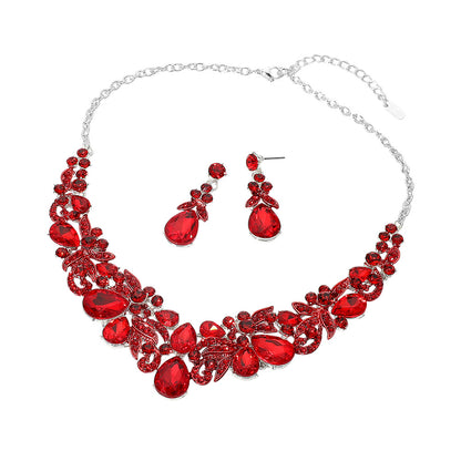 Teardrop Stone Cluster Floral Embellished Evening Necklace Red