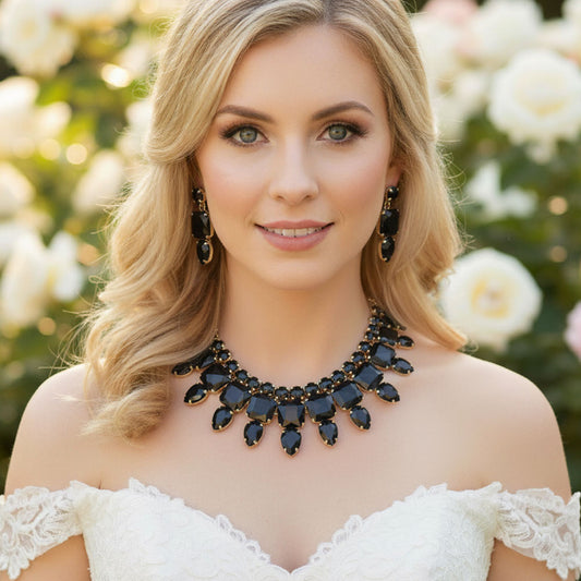 Multi Stone Cluster Evening Necklace Black