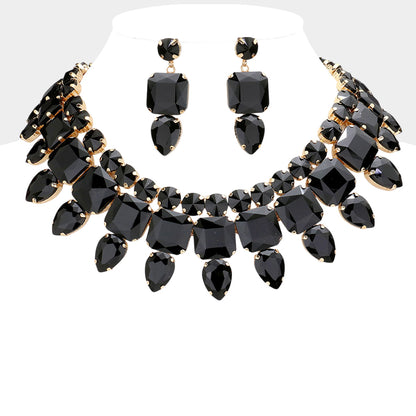 Multi Stone Cluster Evening Necklace Black
