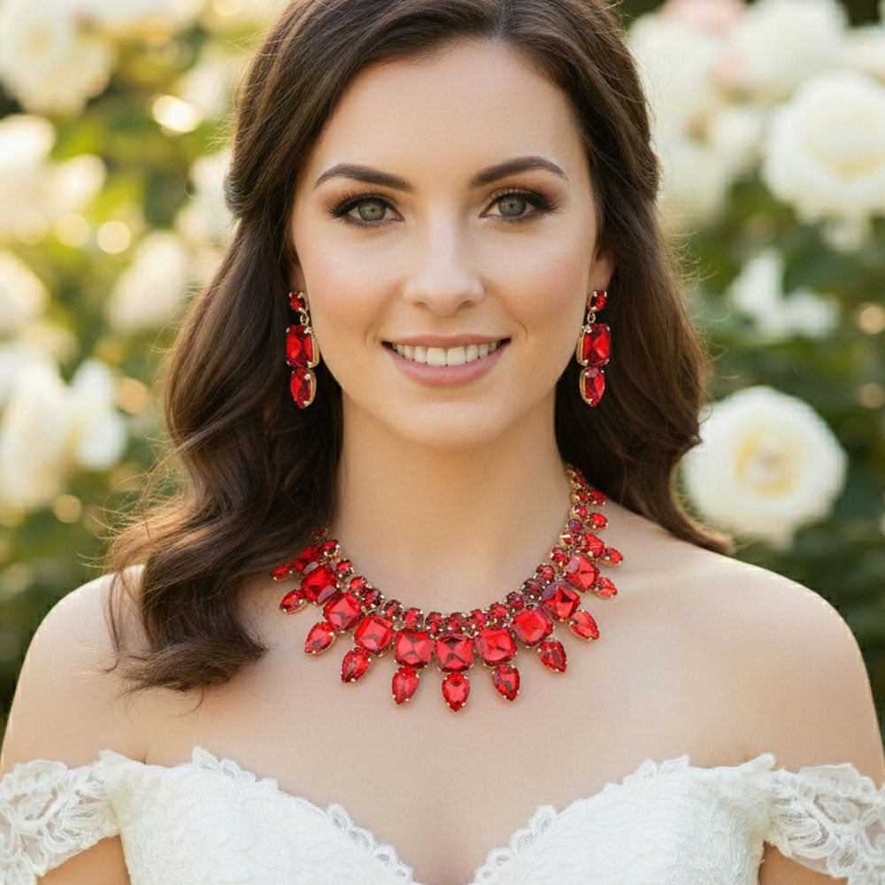 Multi Stone Cluster Evening Necklace Red