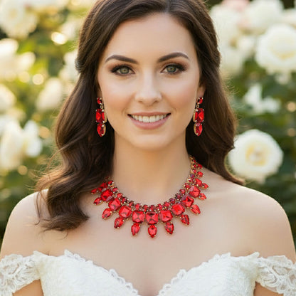 Multi Stone Cluster Evening Necklace Red