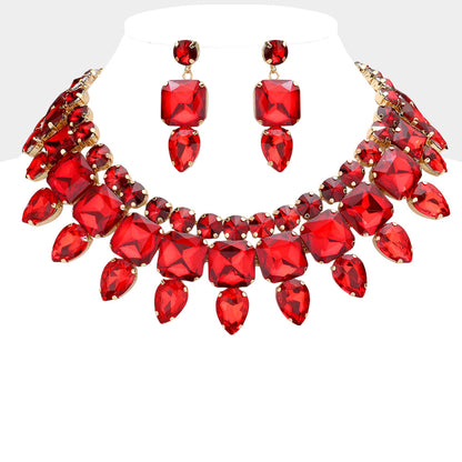 Multi Stone Cluster Evening Necklace Red