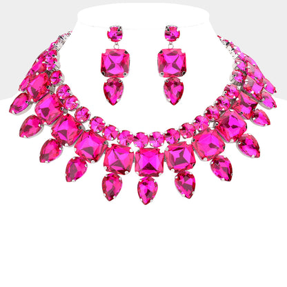 Multi Stone Cluster Evening Necklace Fuchsia
