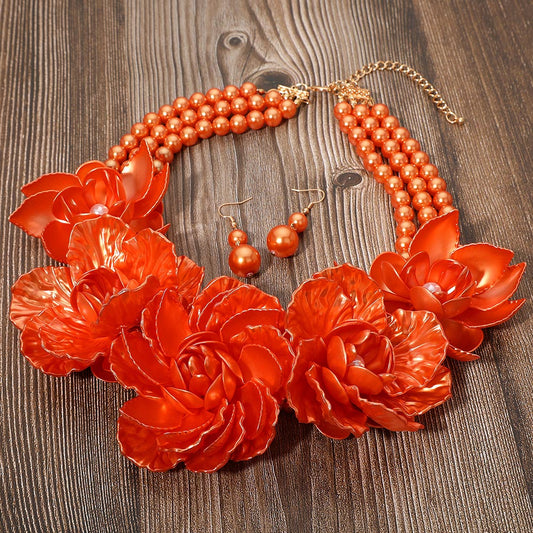 Bold Pearly Petal Floral Link Triple Pearl Strand Statement Necklace Orange