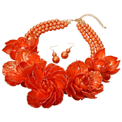 Bold Pearly Petal Floral Link Triple Pearl Strand Statement Necklace Orange
