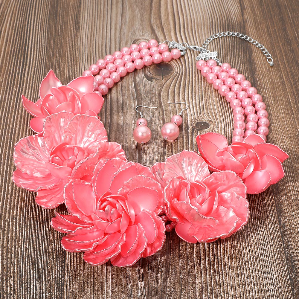 Bold Pearly Petal Floral Link Triple Pearl Strand Statement Necklace Pink