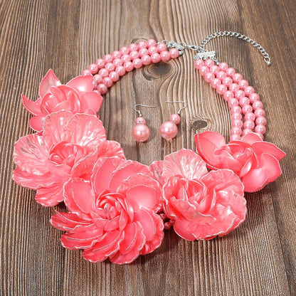 Bold Pearly Petal Floral Link Triple Pearl Strand Statement Necklace Pink