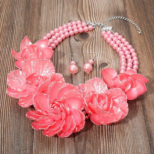 Bold Pearly Petal Floral Link Triple Pearl Strand Statement Necklace Pink