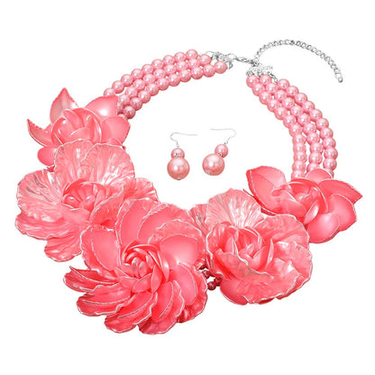 Bold Pearly Petal Floral Link Triple Pearl Strand Statement Necklace Pink