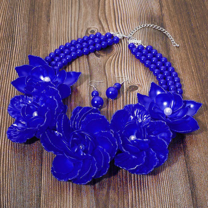 Bold Pearly Petal Floral Link Triple Pearl Strand Statement Necklace Blue