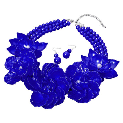 Bold Pearly Petal Floral Link Triple Pearl Strand Statement Necklace Blue