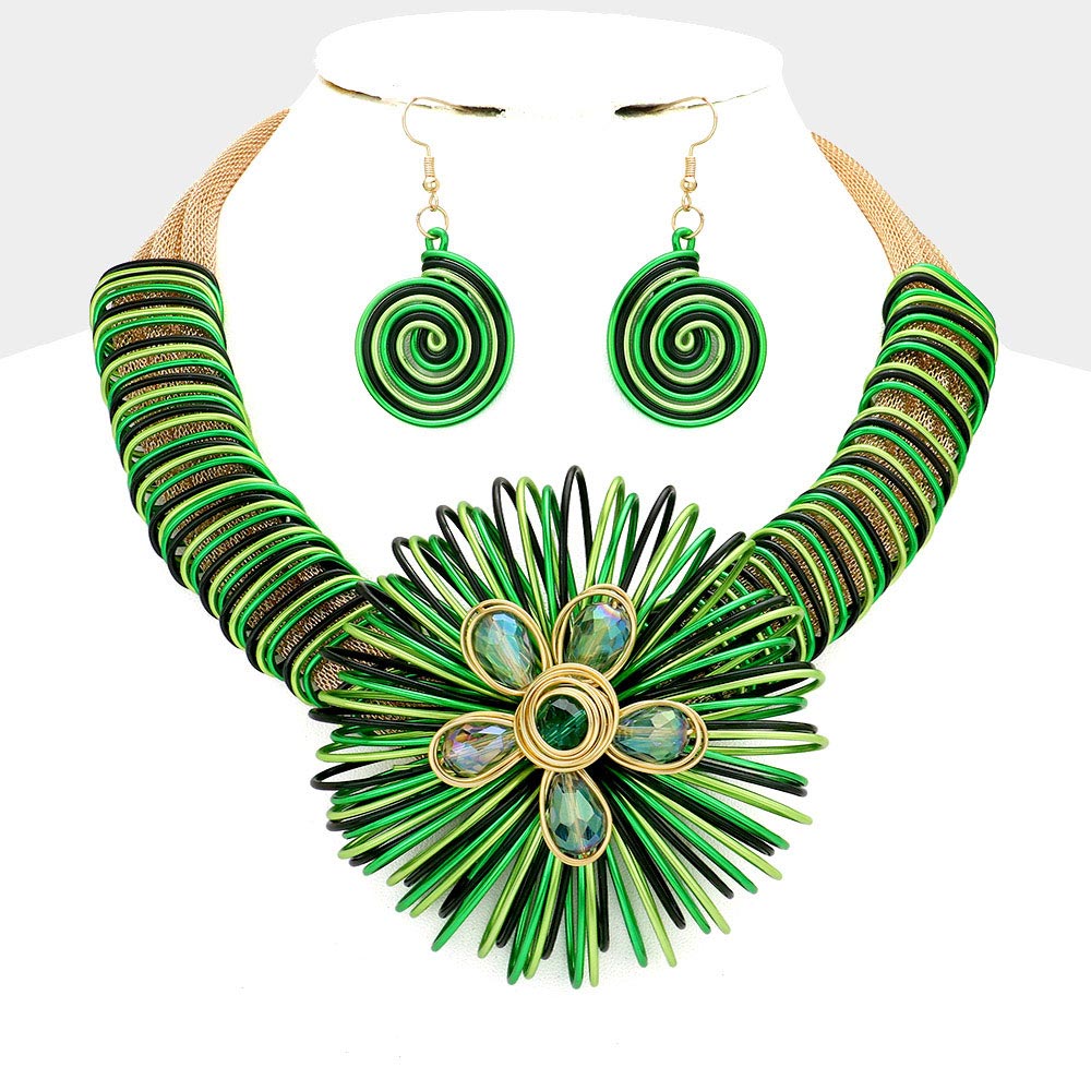 Green and God Metal Wire Coil Flower Statement Necklace