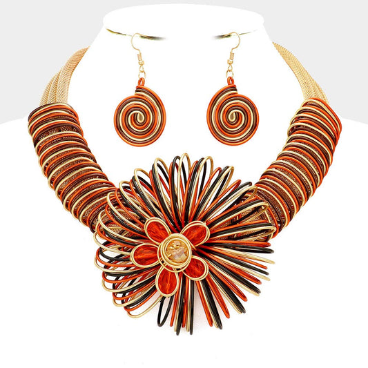 Metal Wire Coil Flower Statement Necklace Gold and Orange