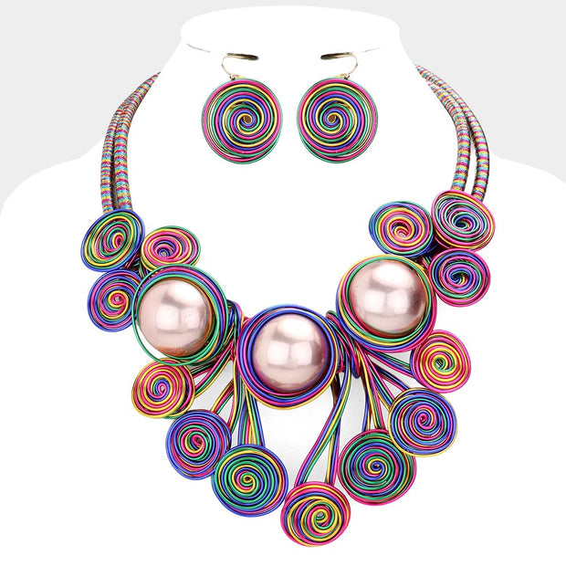 Triple Pearl Accented Swirl Metal Wire Necklace