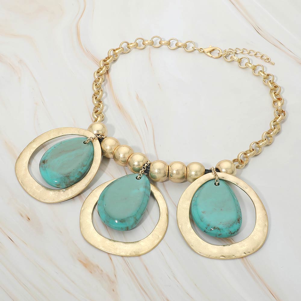 Bold Sculptural Resin Teardrop Beaded Statement Necklace Turquoise