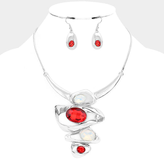 Red and White Crystal Oval Irregular Metal Necklace