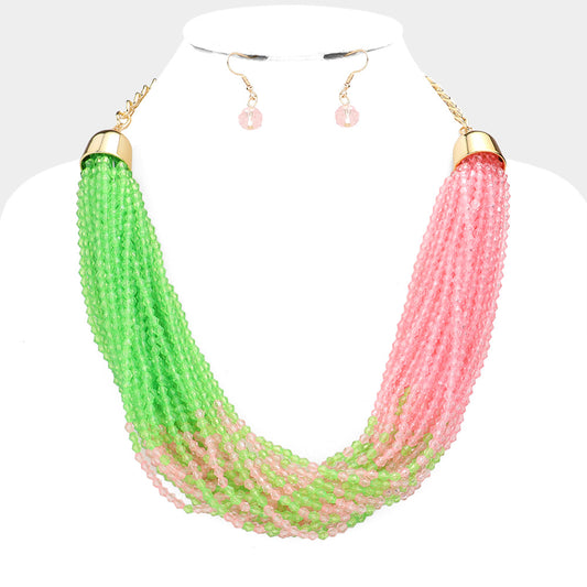 Pink and Green Faceted Beaded Multi Layered Necklace