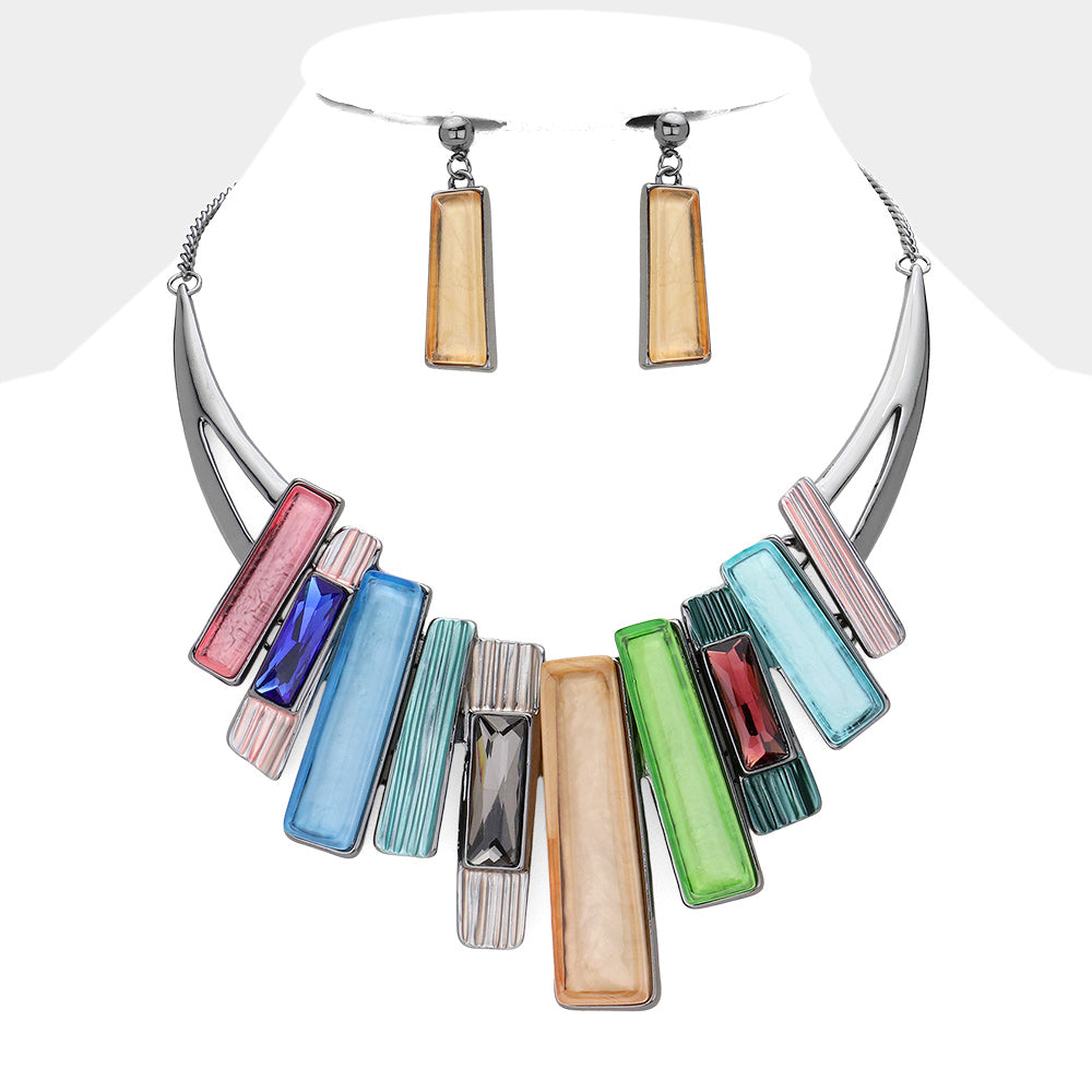Rectangle Stone Pointed Colored Metal Necklace Hematite & Multi