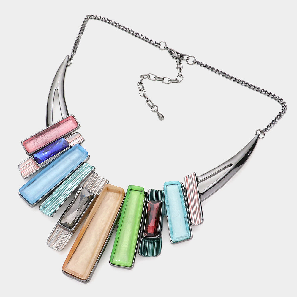 Rectangle Stone Pointed Colored Metal Necklace Hematite & Multi