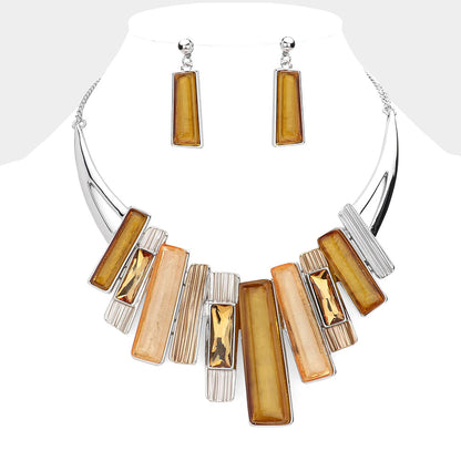 Rectangle Stone Pointed Colored Metal Necklace Brown & Silver