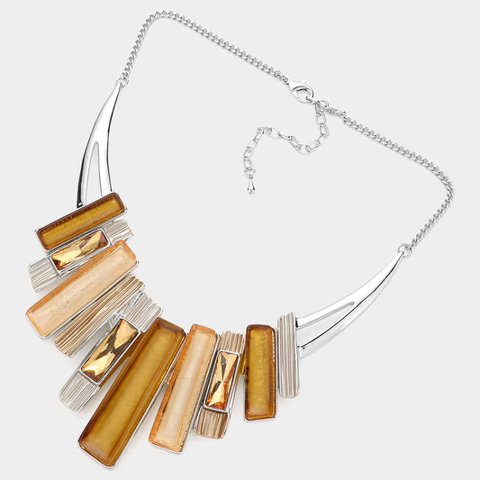 Rectangle Stone Pointed Colored Metal Necklace Brown & Silver