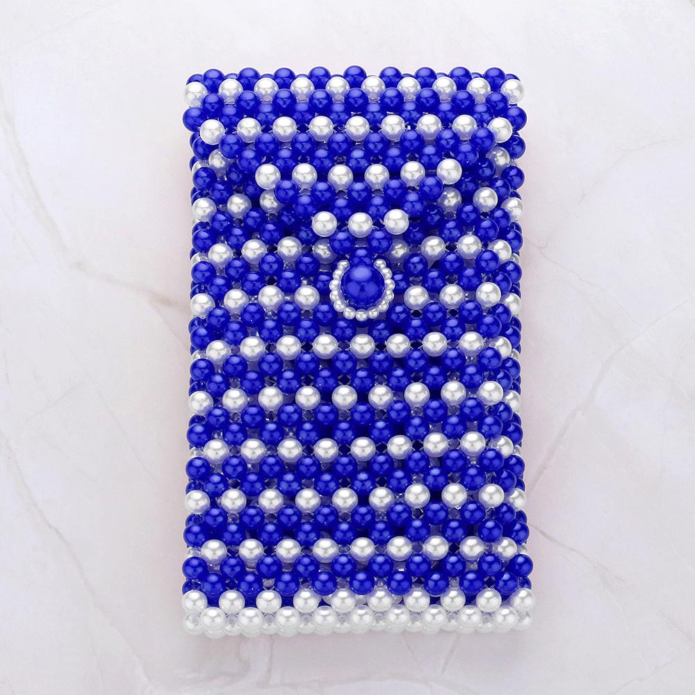 Blue and White Pearl Beaded Phone Holder Crossbody Bag
