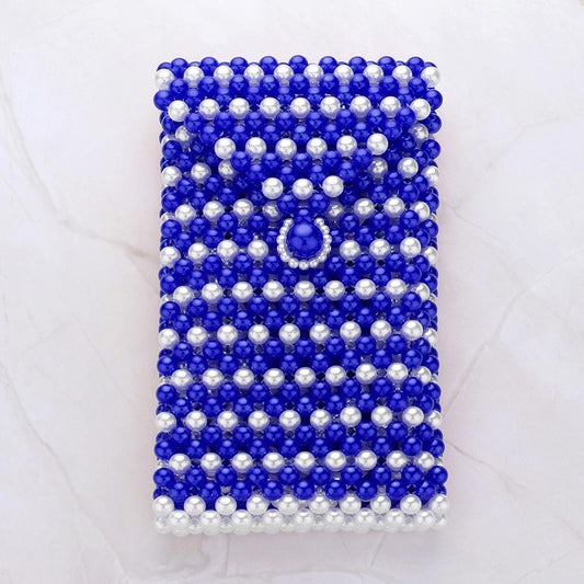 Blue and White Pearl Beaded Phone Holder Crossbody Bag