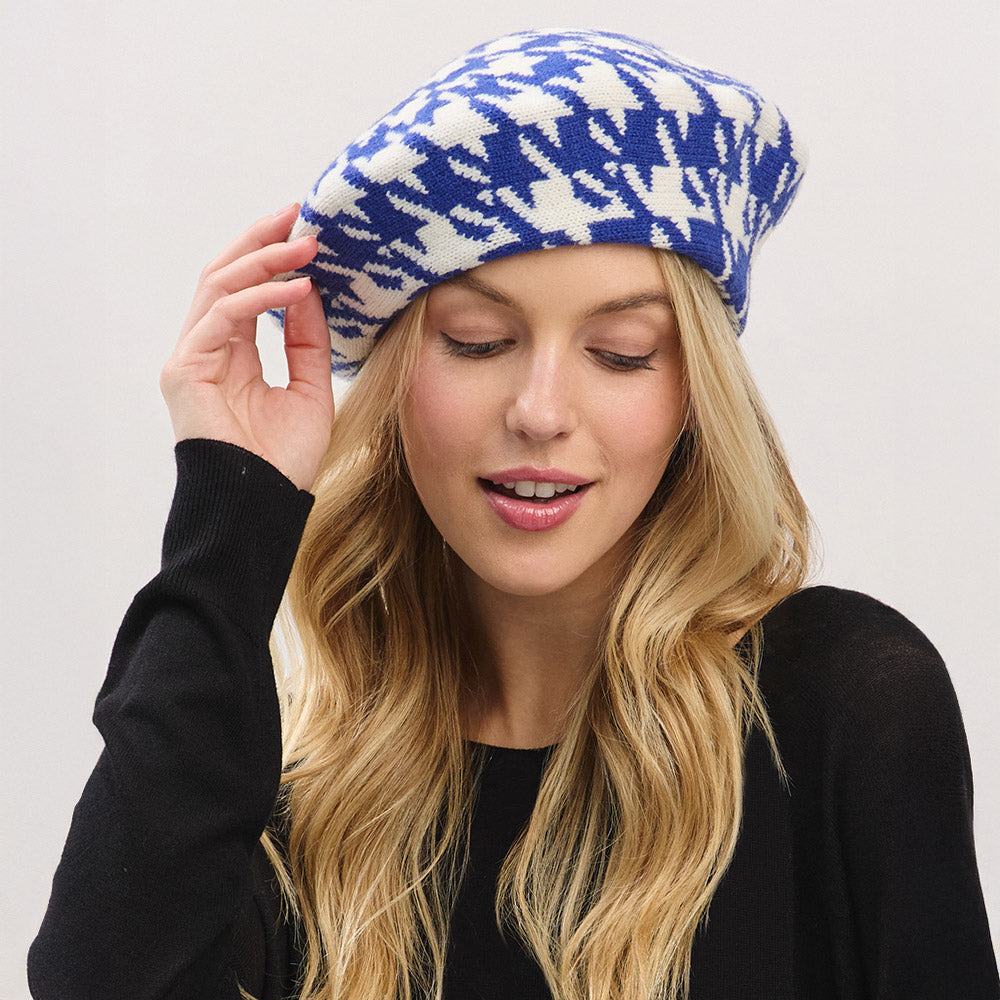 Blue and white Houndstooth Knit Beret Hat