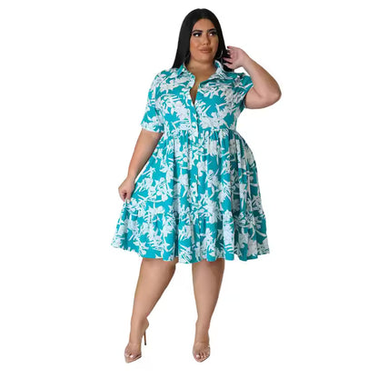 2025  Plus Size Dress Women's Printed Short Sleeved Skirt Casual Midi Pleated Dress