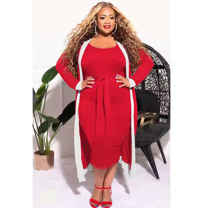 Trending Fashion Solid Color Stripes Stitching Sexy Tube Top Women's Dress Coat Set