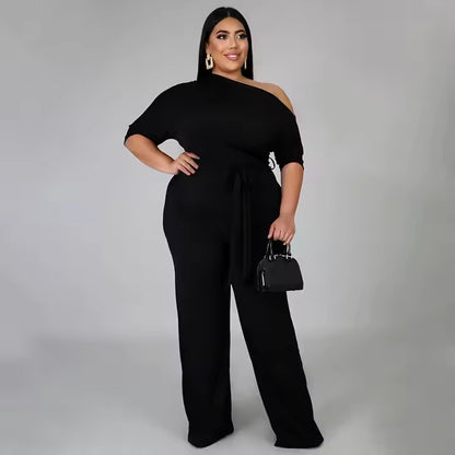 Women Elegant Jumpsuit Black Short Sleeve Jumpsuit Tie Straight Trousers One Piece Short Sleeve Solid Plus Size Jumpsuit