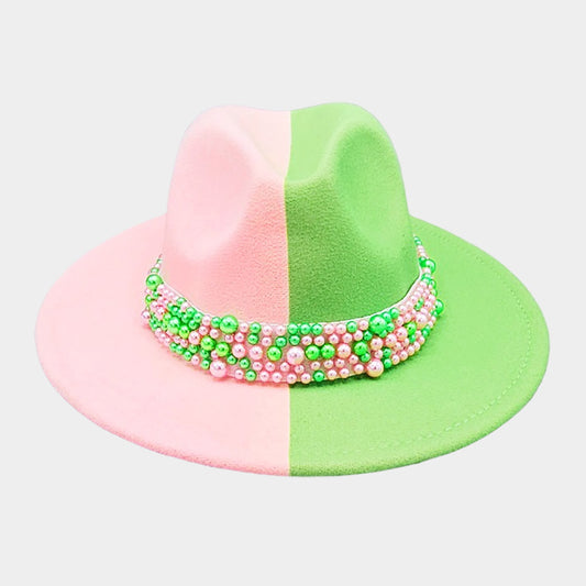 Pearl Embellished Band Pointed Color Block Fedora Hat Pearl Embellished Band Pointed Color Block Fedora Hat Pearl Embellished Band Pointed Color Block Fedora Hat