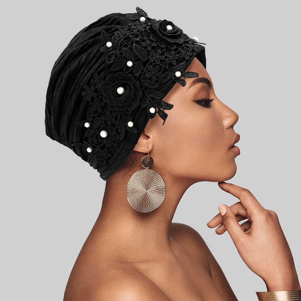 Floral Lace Pearl Embellished Turban Hair Wrap