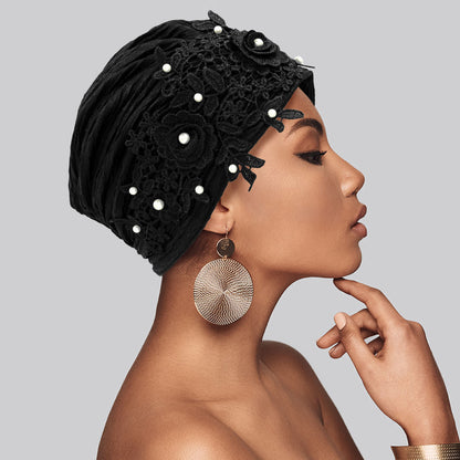 Floral Lace Pearl Embellished Turban Hair Wrap