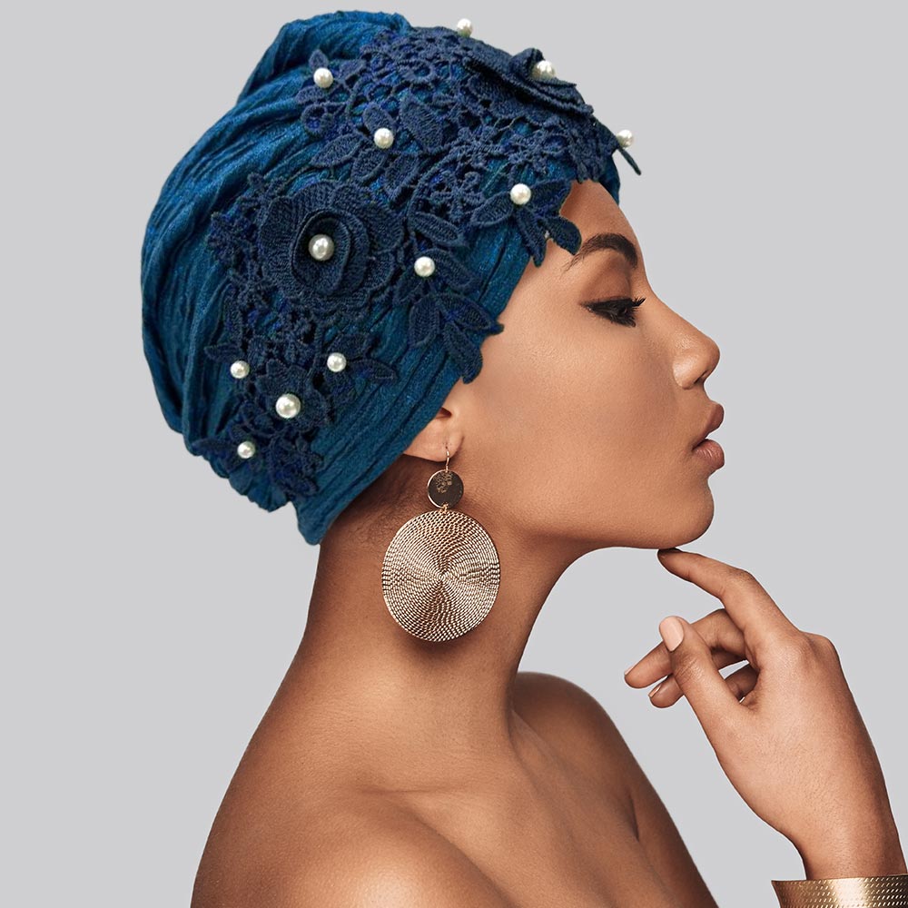Floral Lace Pearl Embellished Turban Hair Wrap