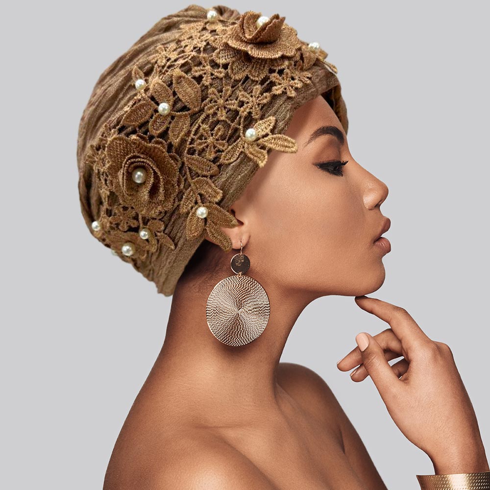Floral Lace Pearl Embellished Turban Hair Wrap