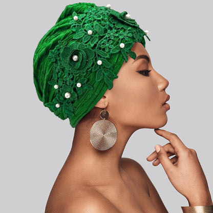 Floral Lace Pearl Embellished Turban Hair Wrap
