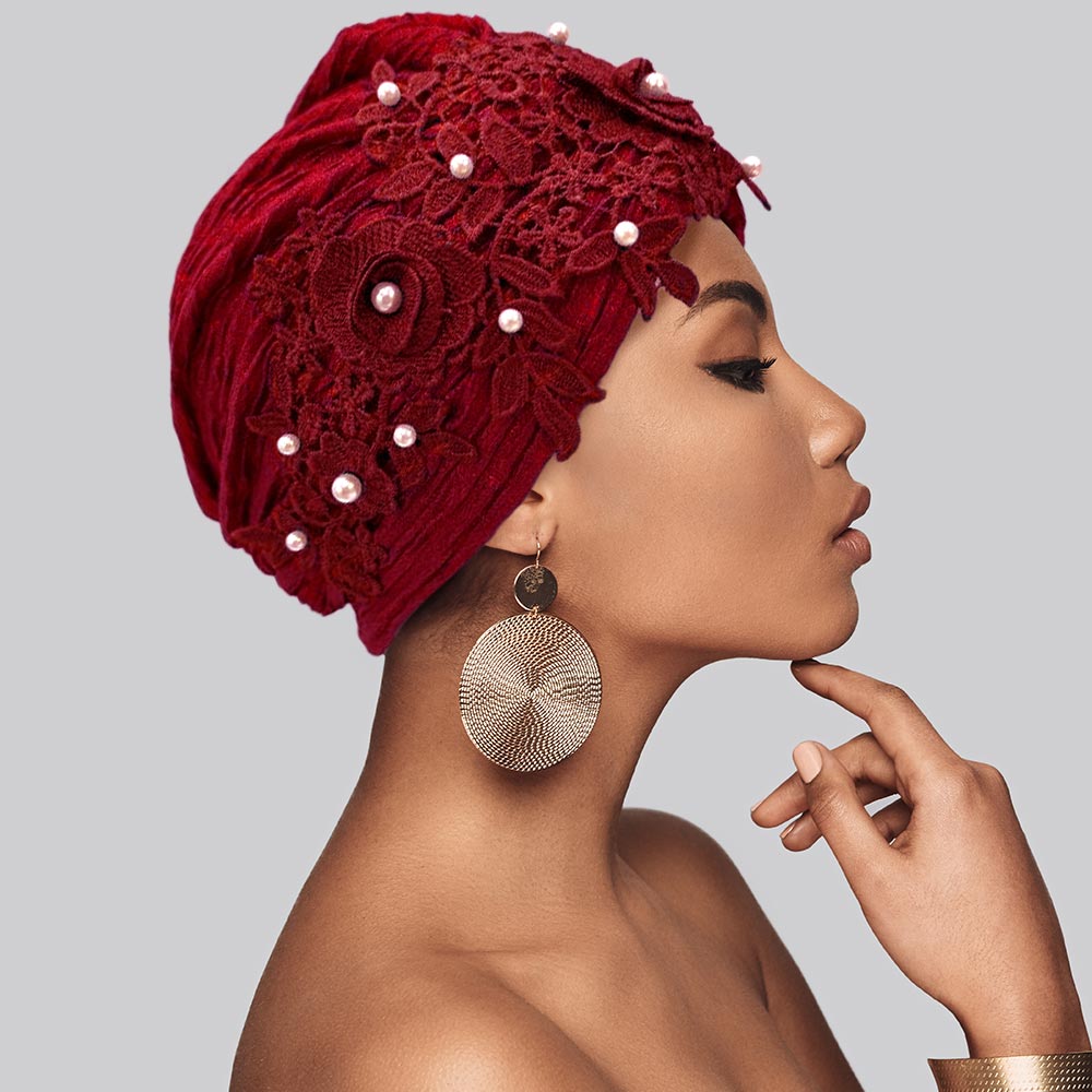 Floral Lace Pearl Embellished Turban Hair Wrap