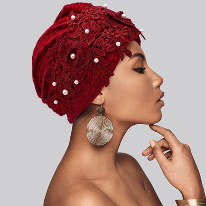 Floral Lace Pearl Embellished Turban Hair Wrap