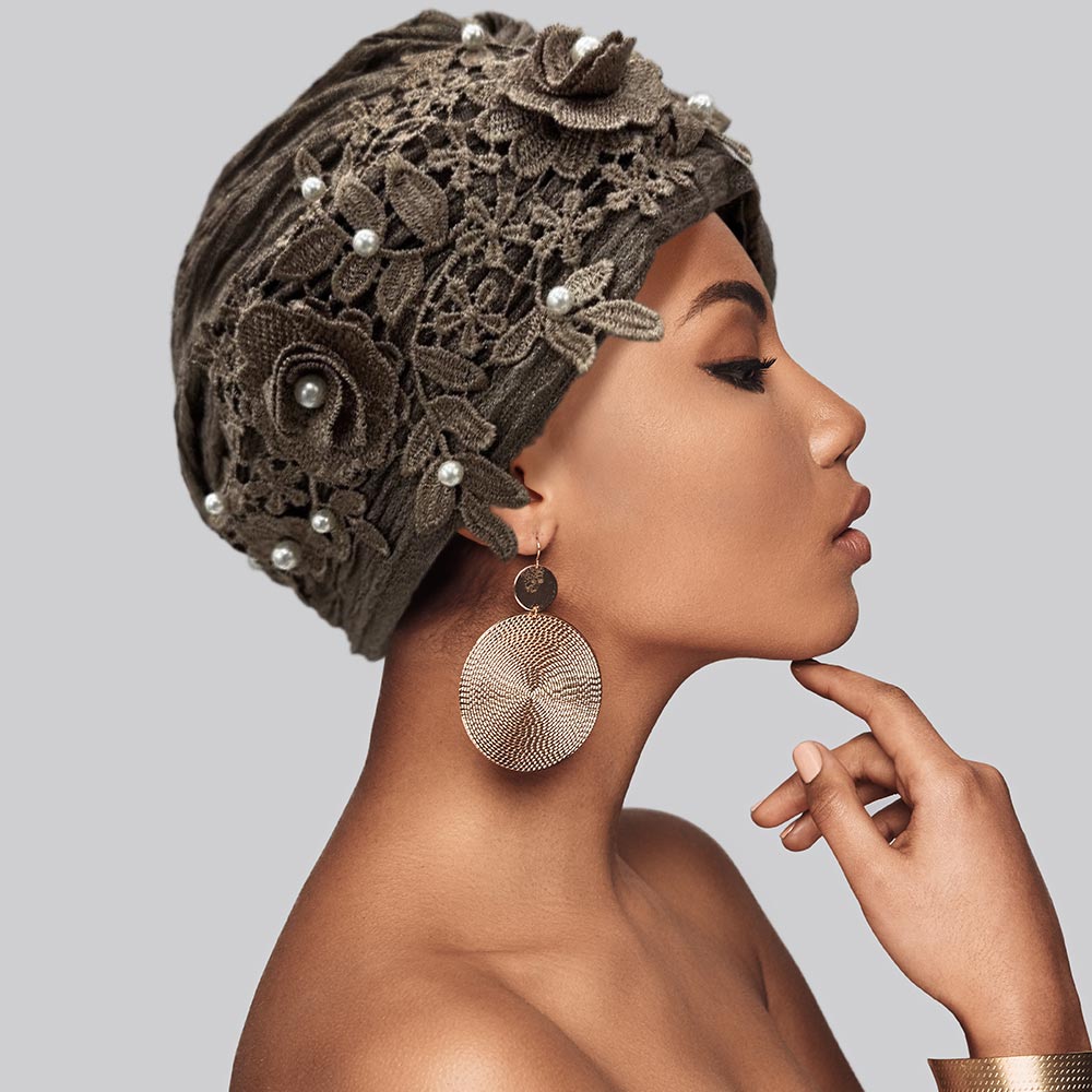Floral Lace Pearl Embellished Turban Hair Wrap