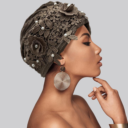 Floral Lace Pearl Embellished Turban Hair Wrap