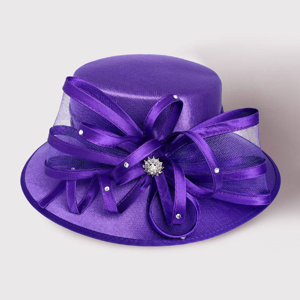 NCNW Flower Mesh Bow Accented Dressy Hat