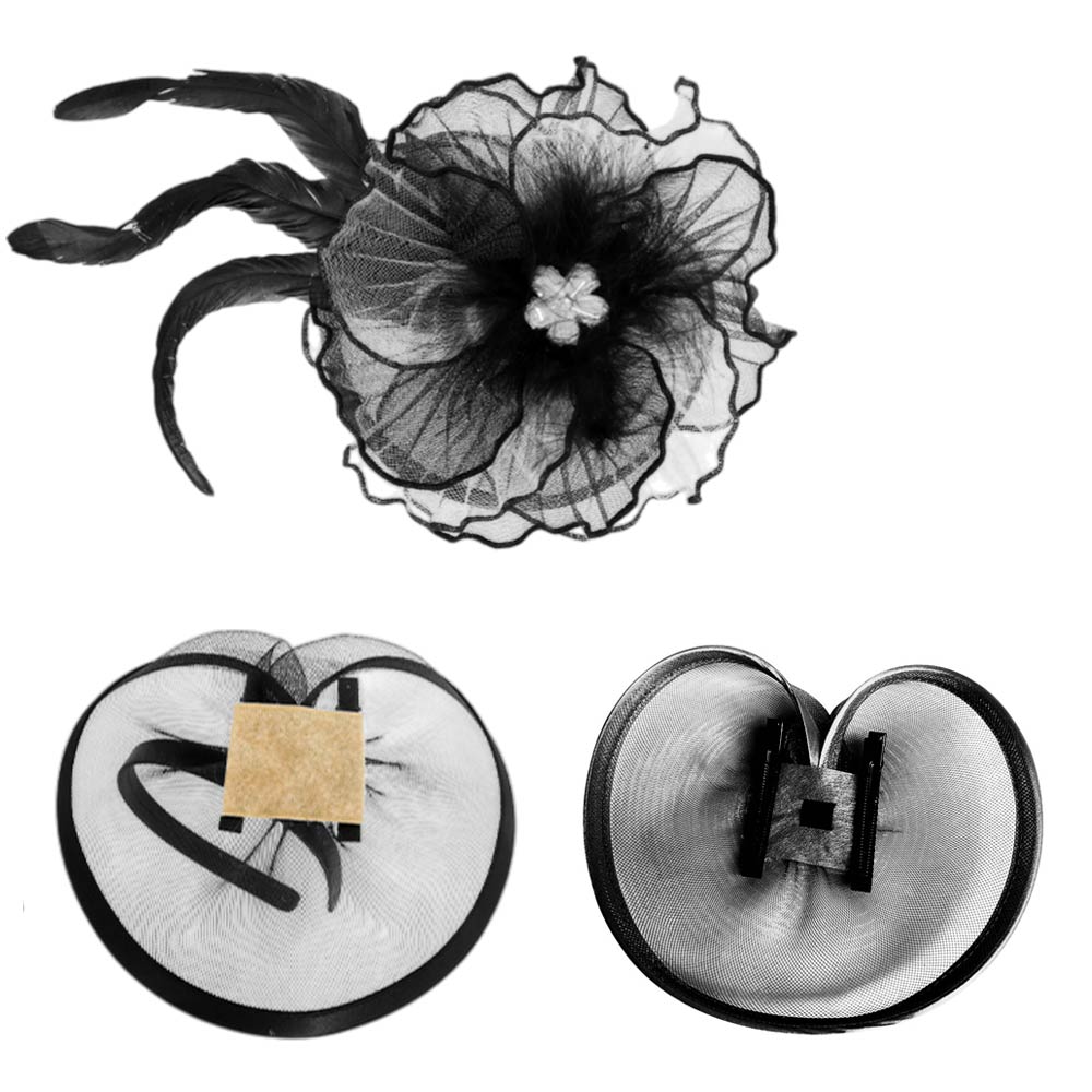 Elegant Feather Floral Accent Fascinator Headband Hair Clip Dressy Hat Black