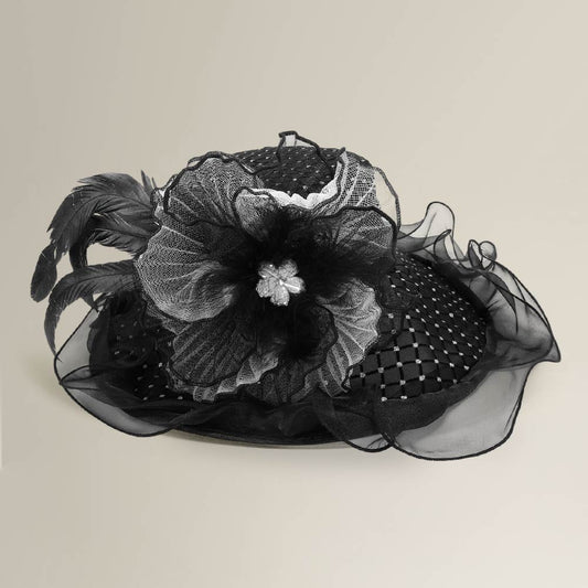 Elegant Feather Floral Accent Fascinator Headband Hair Clip Dressy Hat Black