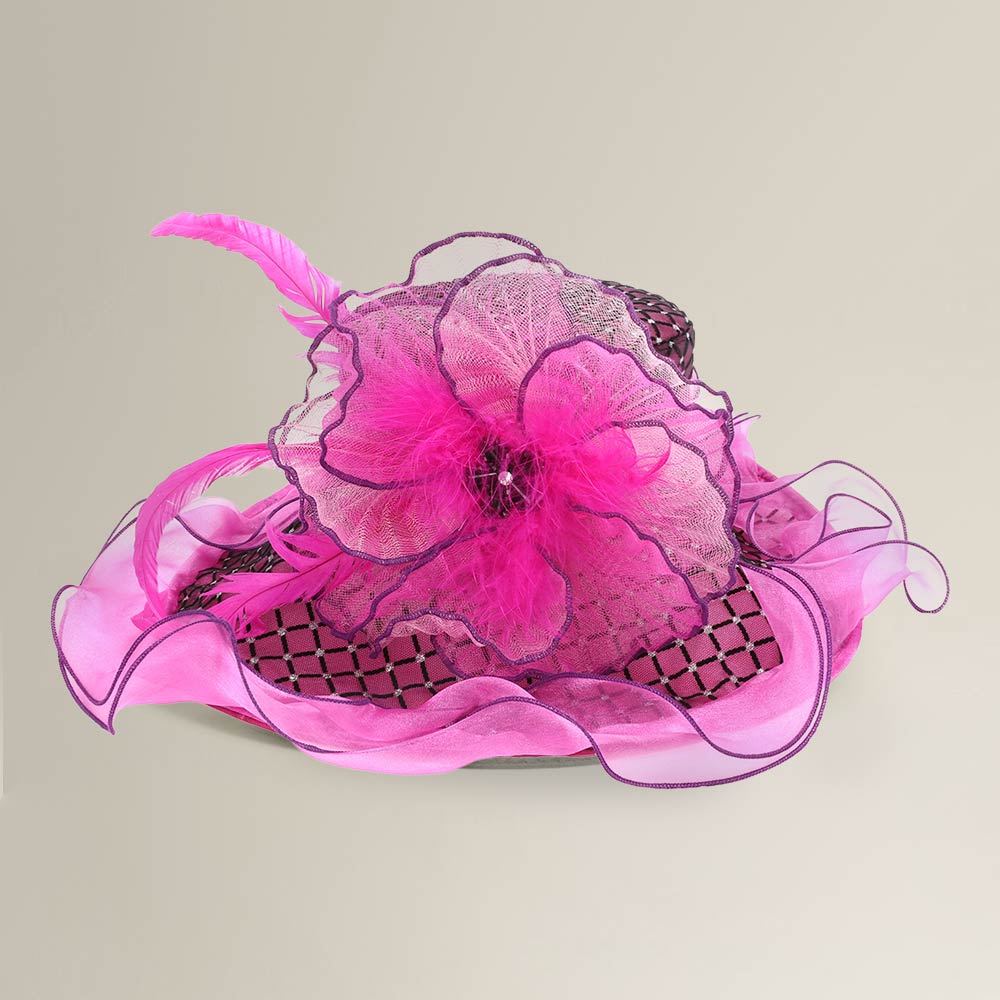 Elegant Feather Floral Accent Fascinator Headband Hair Clip Dressy Hat Fuchsia